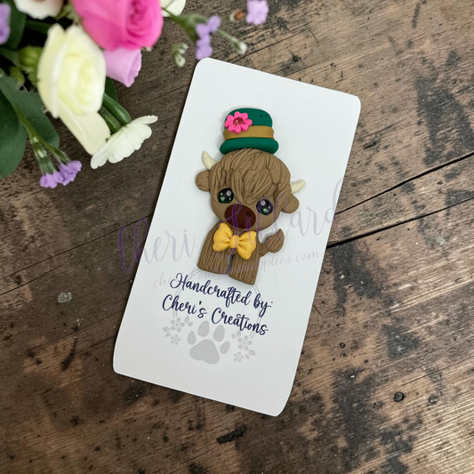 Shamrock Highland Cow Bow Center – Handmade Polymer Clay Embellishment