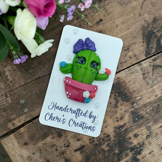 Spring Cactus Bow Center – Handmade Polymer Clay Embellishment
