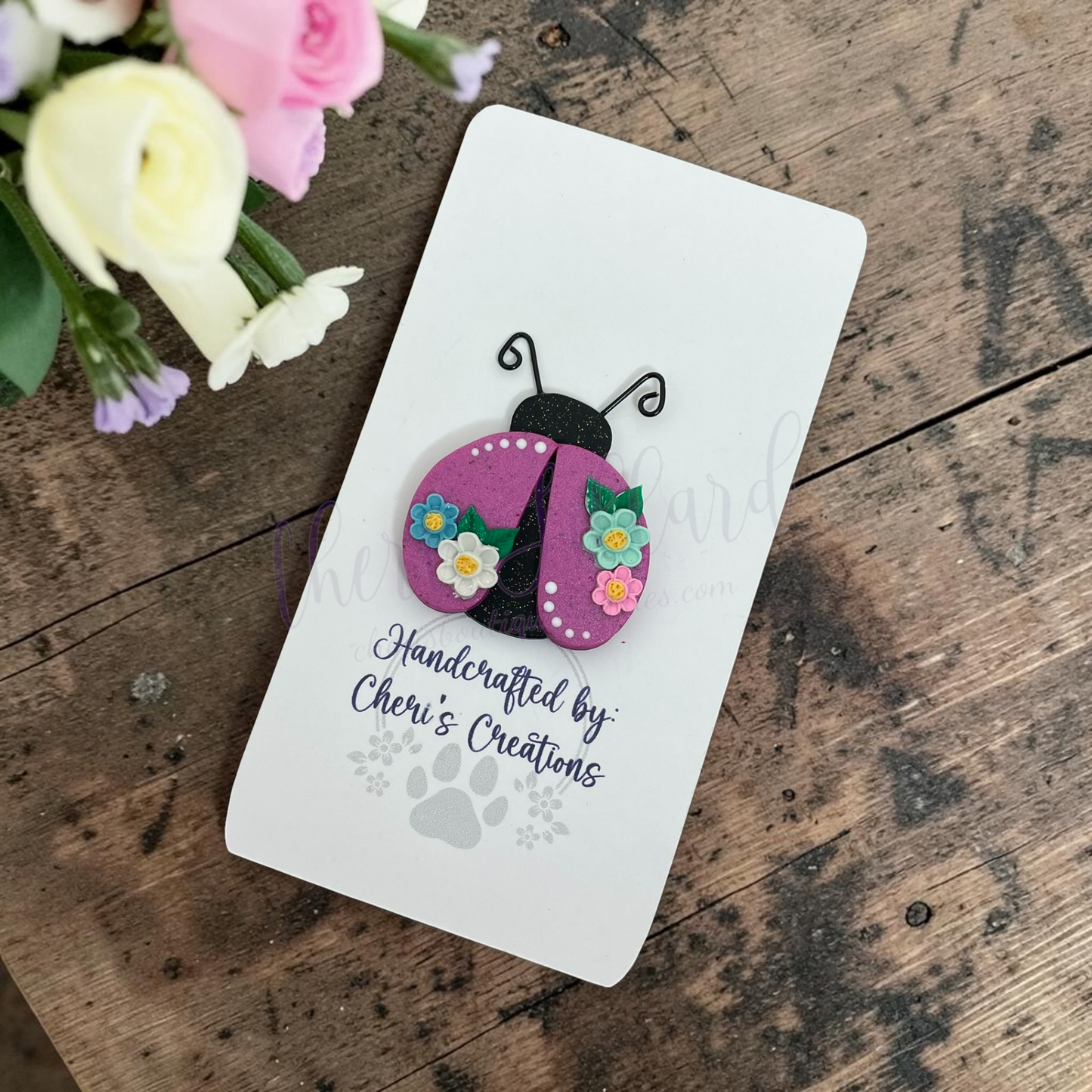 Spring Ladybug Bow Center – Handmade Polymer Clay Embellishment