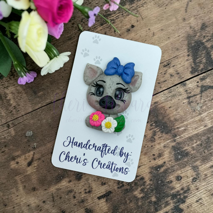 Spring Floral Piglet Bow Center – Handmade Polymer Clay Embellishment