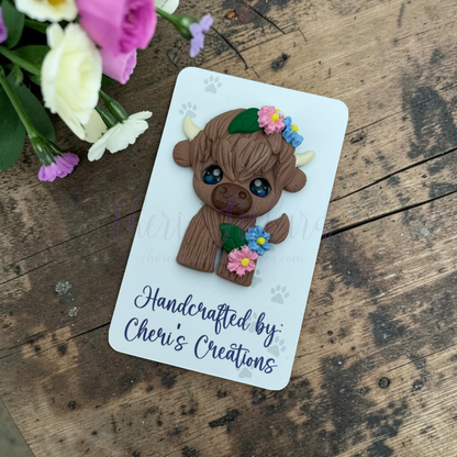 Floral Highland Cow Bow Center – Handmade Polymer Clay Embellishment