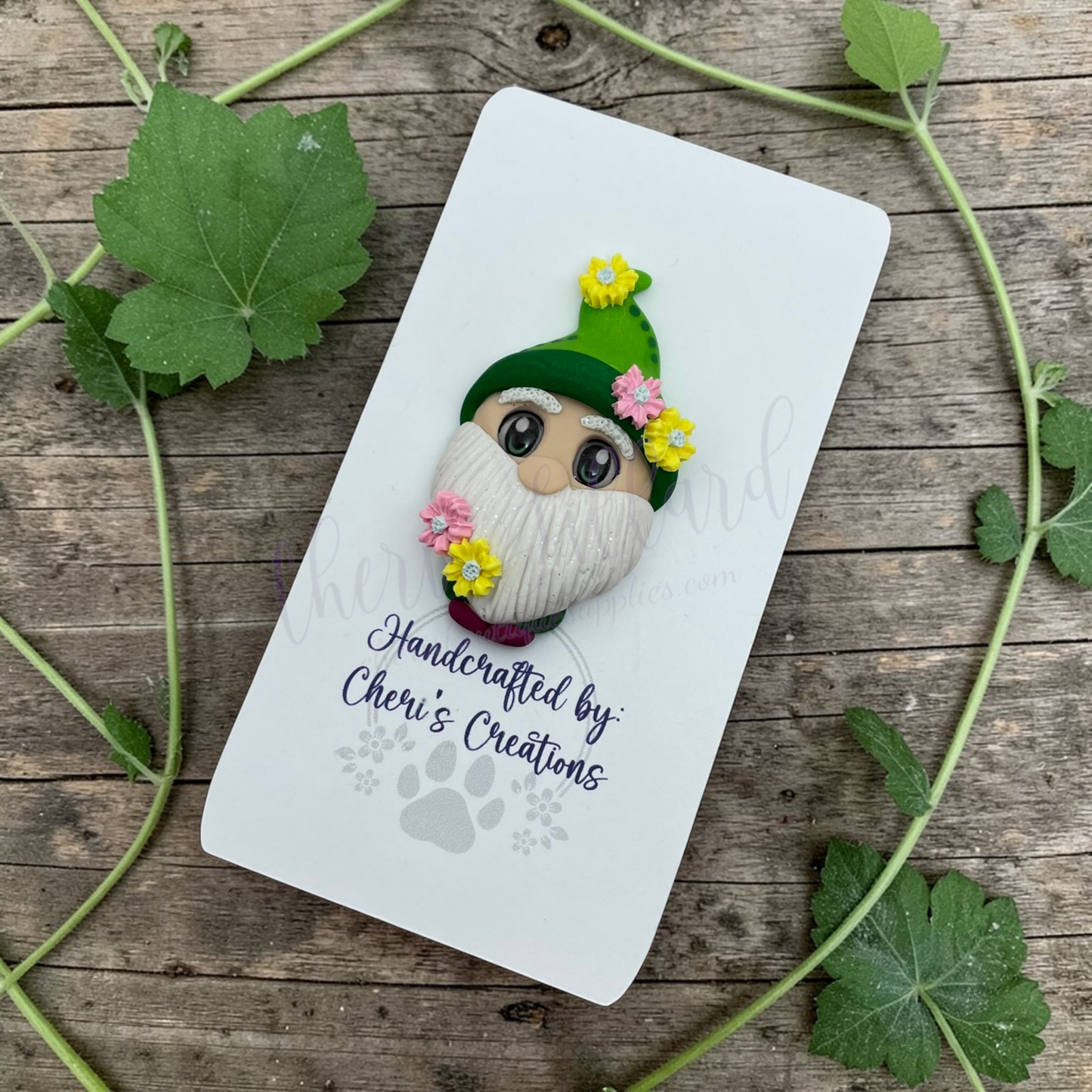 Spring Garden Gnome Bow Center – Handmade Polymer Clay Embellishment