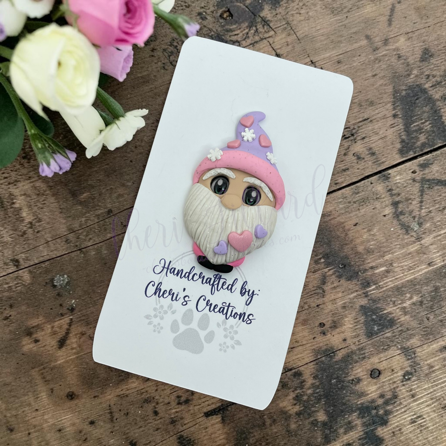 Winter Valentine Gnome Bow Center – Handmade Polymer Clay Embellishment