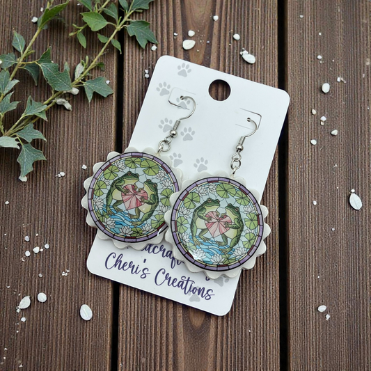 Stained Glass Frog Dangle Earrings – Handmade Polymer Clay Valentine Earrings