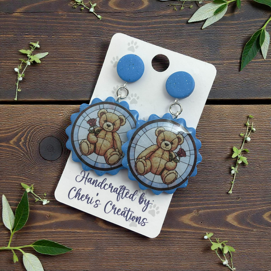 Stained Glass Teddy Bear Dangle Earrings – Handmade Polymer Clay Earrings