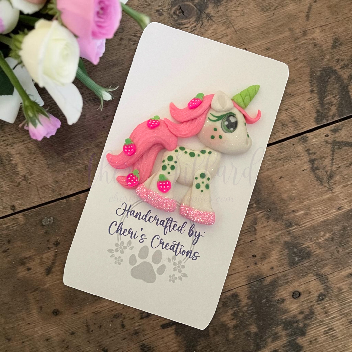 Strawberry Unicorn Bow Center – Handmade Polymer Clay Embellishment