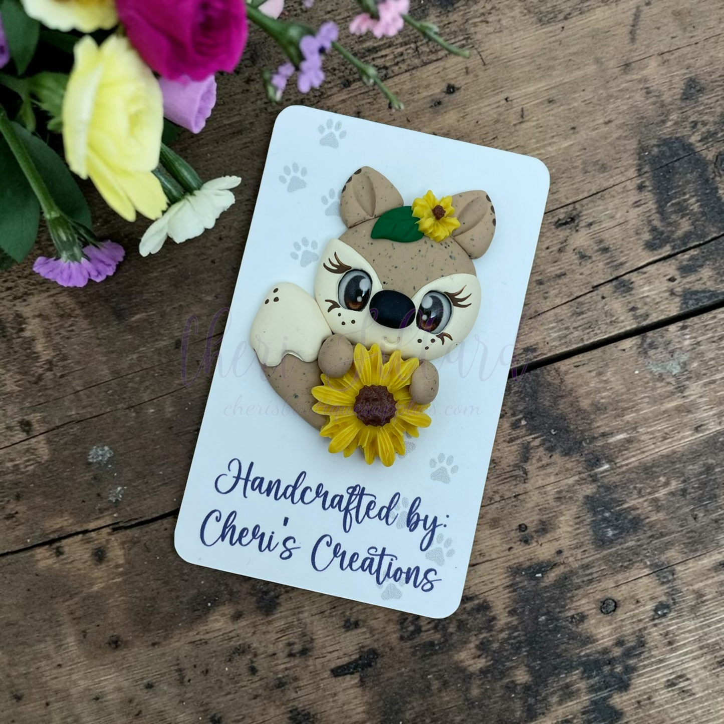 Sunflower Fox Bow Center – Handmade Polymer Clay Embellishment