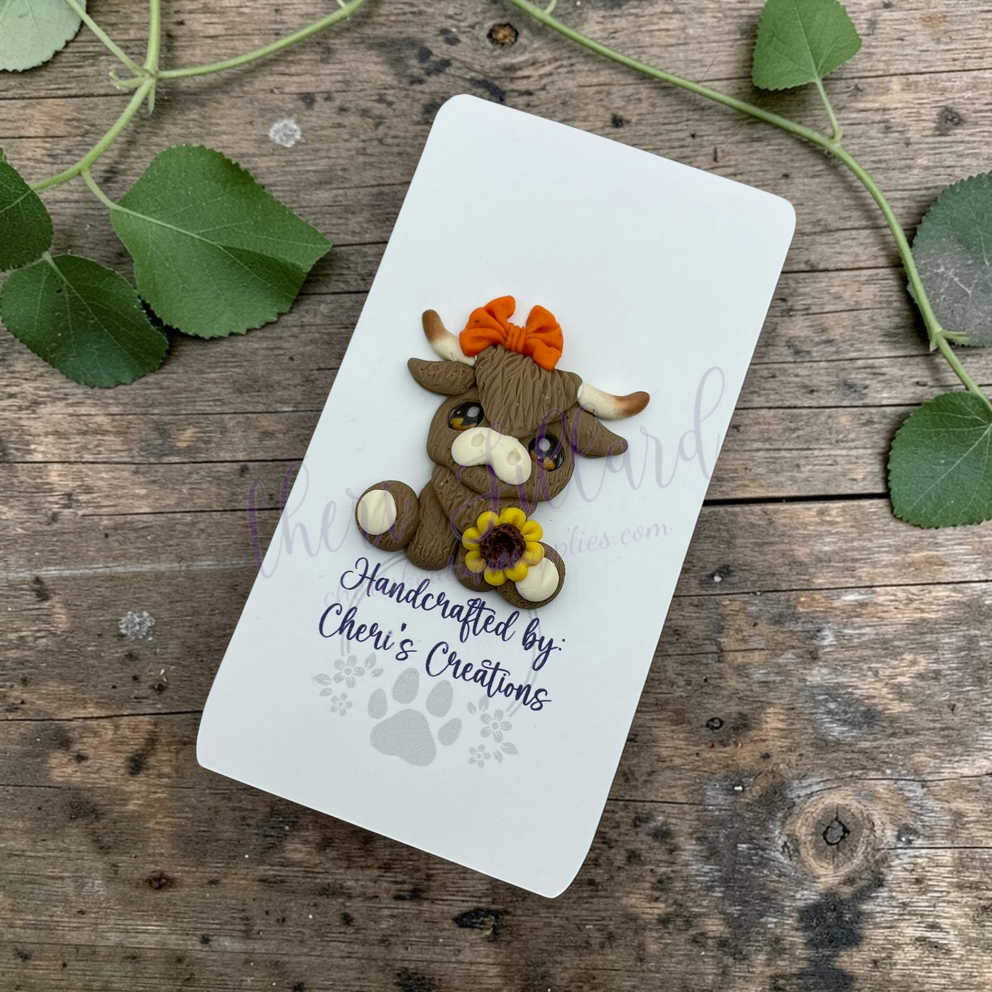 Sunflower Highland Cow Bow Center – Handmade Polymer Clay Embellishment