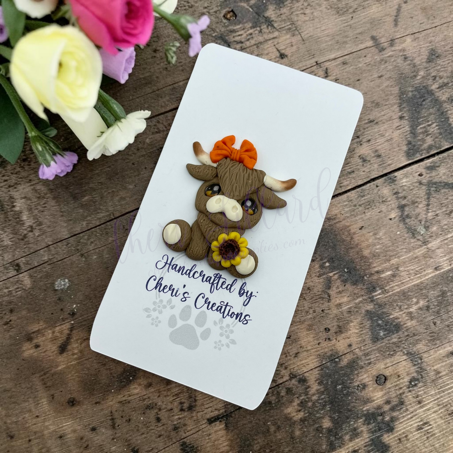 Sunflower Highland Cow Bow Center – Handmade Polymer Clay Embellishment