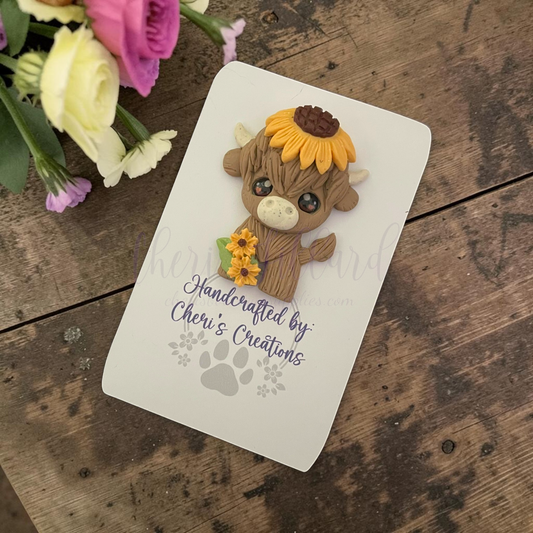Sunflower Highland Cow Bow Center – Handmade Polymer Clay Embellishment