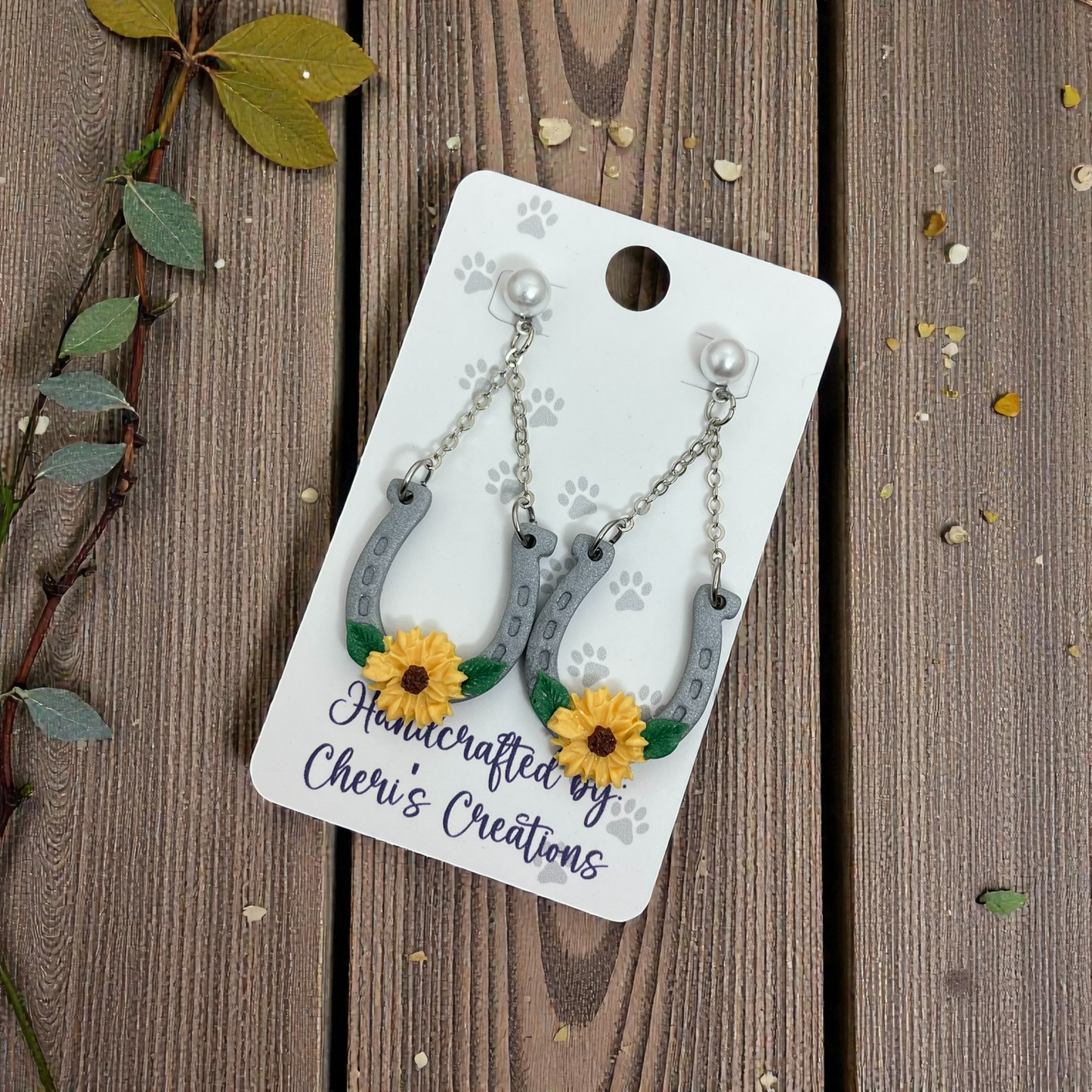 Sunflower Horseshoe Dangle Earrings – Handmade Polymer Clay Earrings