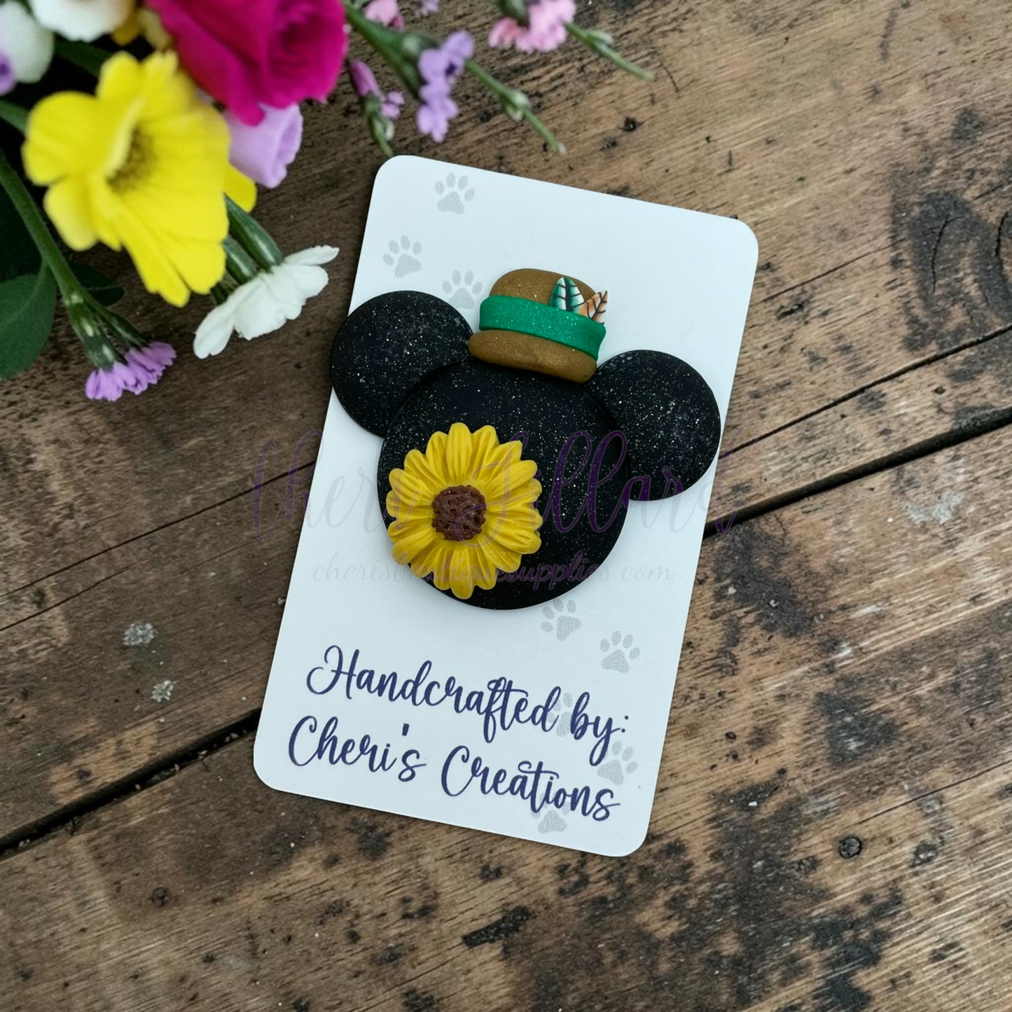 Sunflower Mouse Bow Center – Handmade Polymer Clay Embellishment