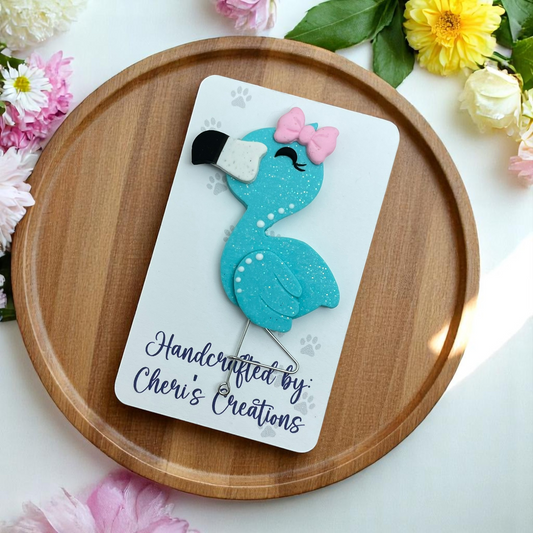 Turquoise Flamingo with Pink Bow – Handmade Polymer Clay Embellishment for Bow Making, Crafts & DIY Projects