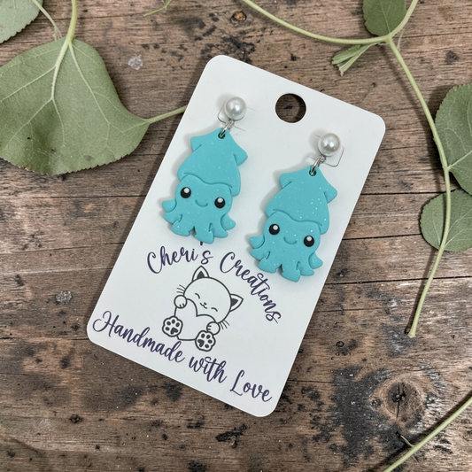 Light Turquoise Squid Dangles - Handmade Polymer Clay Earrings