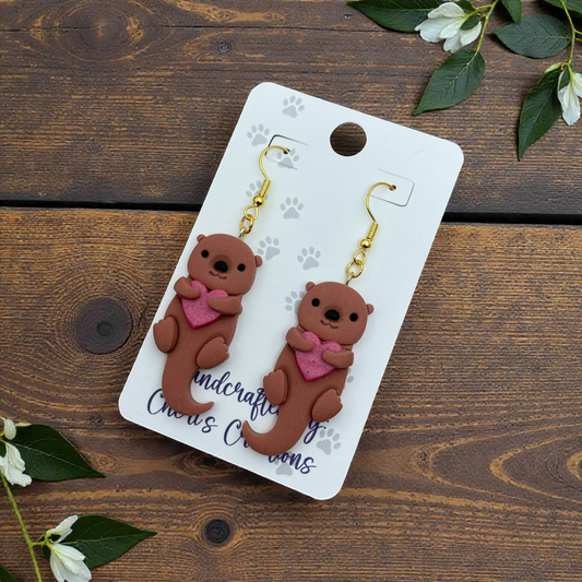 Valentine Otter Dangle Earrings – Handmade Polymer Clay Valentine Earrings