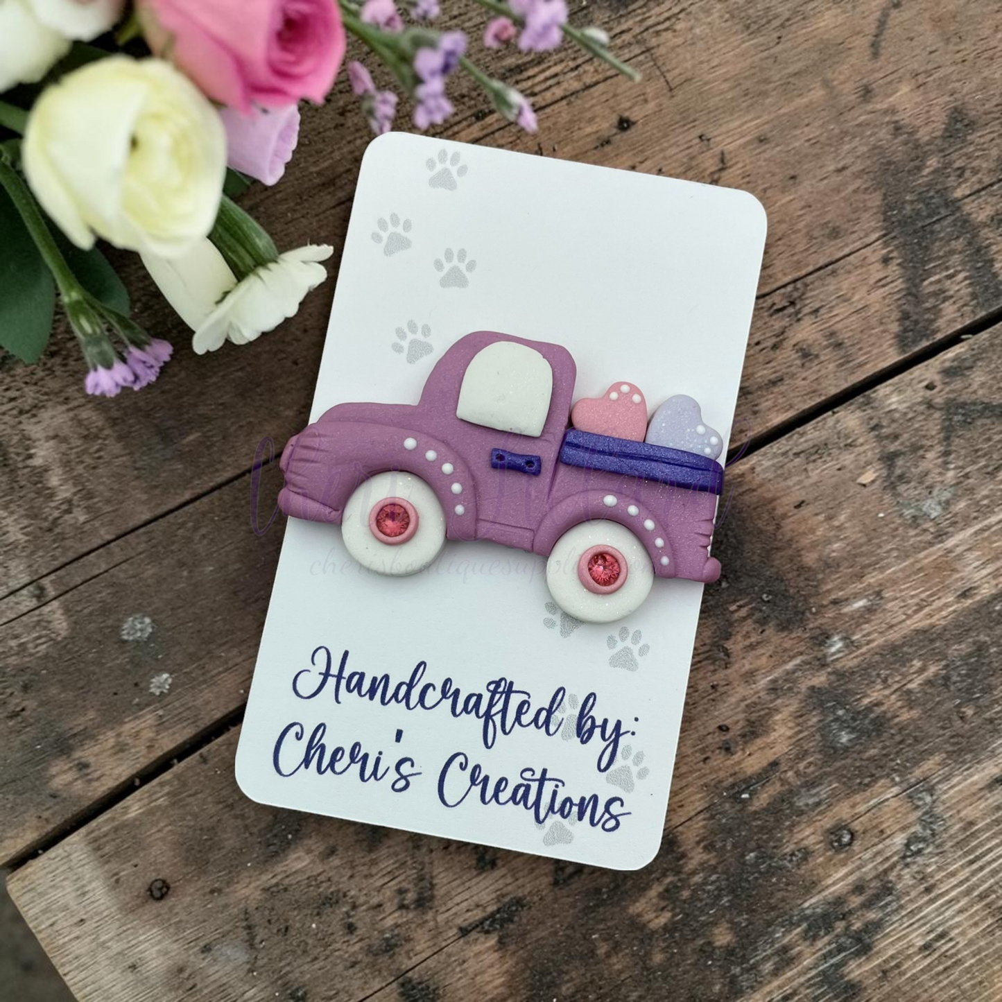 Valentine Truck Bow Center – Handmade Polymer Clay Embellishment