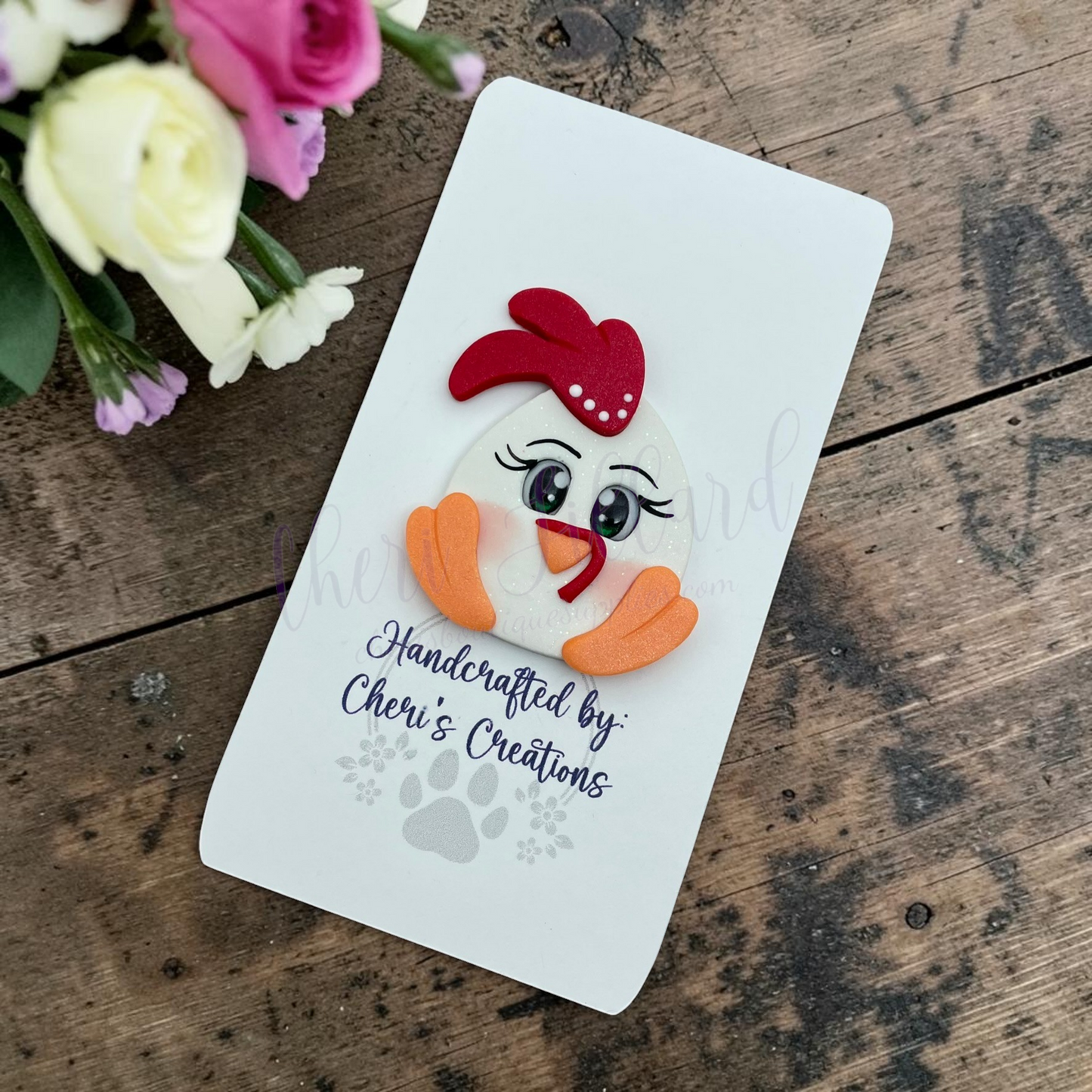 White Chicken Bow Center – Handmade Polymer Clay Embellishment