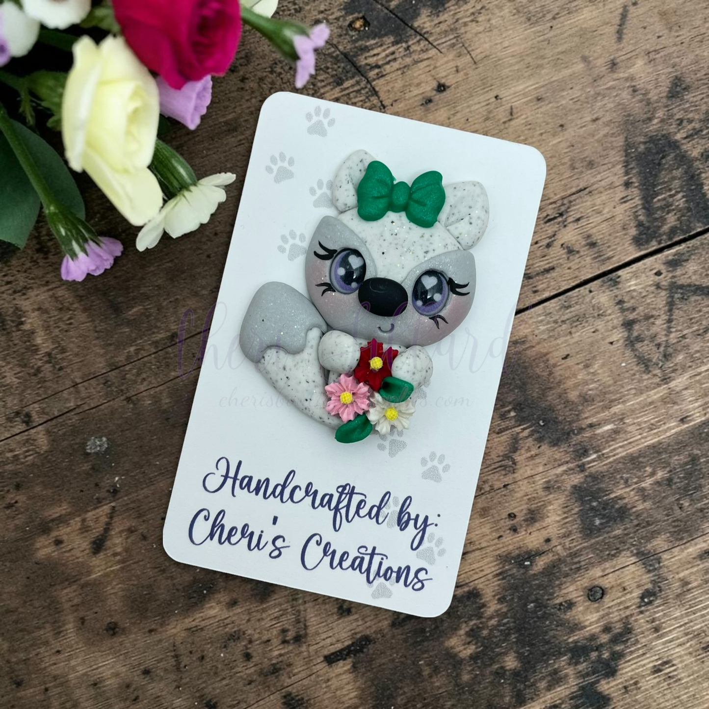 Winter Floral Fox Bow Center – Handmade Polymer Clay Embellishment
