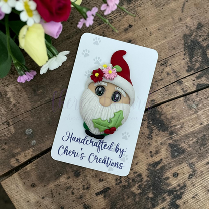 Winter Floral Gnome Bow Center – Handmade Polymer Clay Embellishment