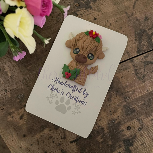 Winter Floral Highland Cow Bow Center – Handmade Polymer Clay Embellishment
