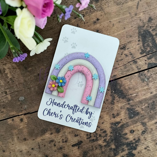Winter Floral Rainbow Bow Center – Handmade Polymer Clay Embellishment
