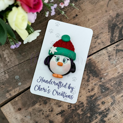 Winter Penguin Bow Center – Handmade Polymer Clay Embellishment