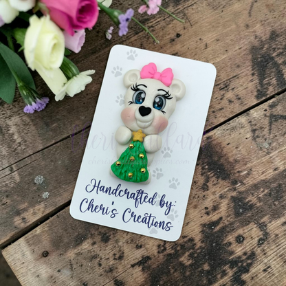 Winter Polar Bear Bow Center – Handmade Polymer Clay Embellishment