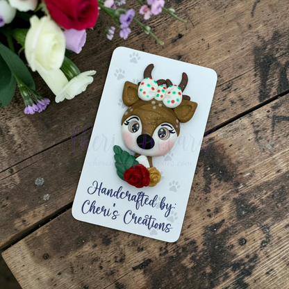 Winter Reindeer Bow Center – Handmade Polymer Clay Embellishment