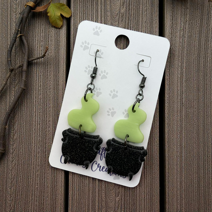 Glowing Witch’s Cauldron Dangle Earrings – Handmade Polymer Clay Earrings