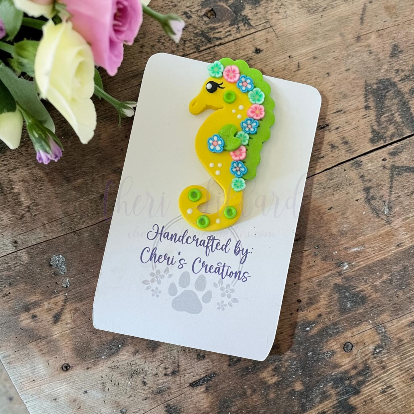 Yellow Seahorse Bow Center – Handmade Polymer Clay Embellishment