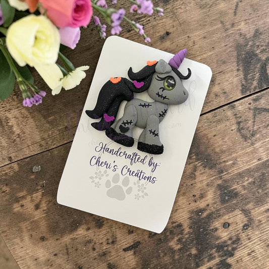 Zombie Unicorn Bow Center – Handmade Polymer Clay Embellishment