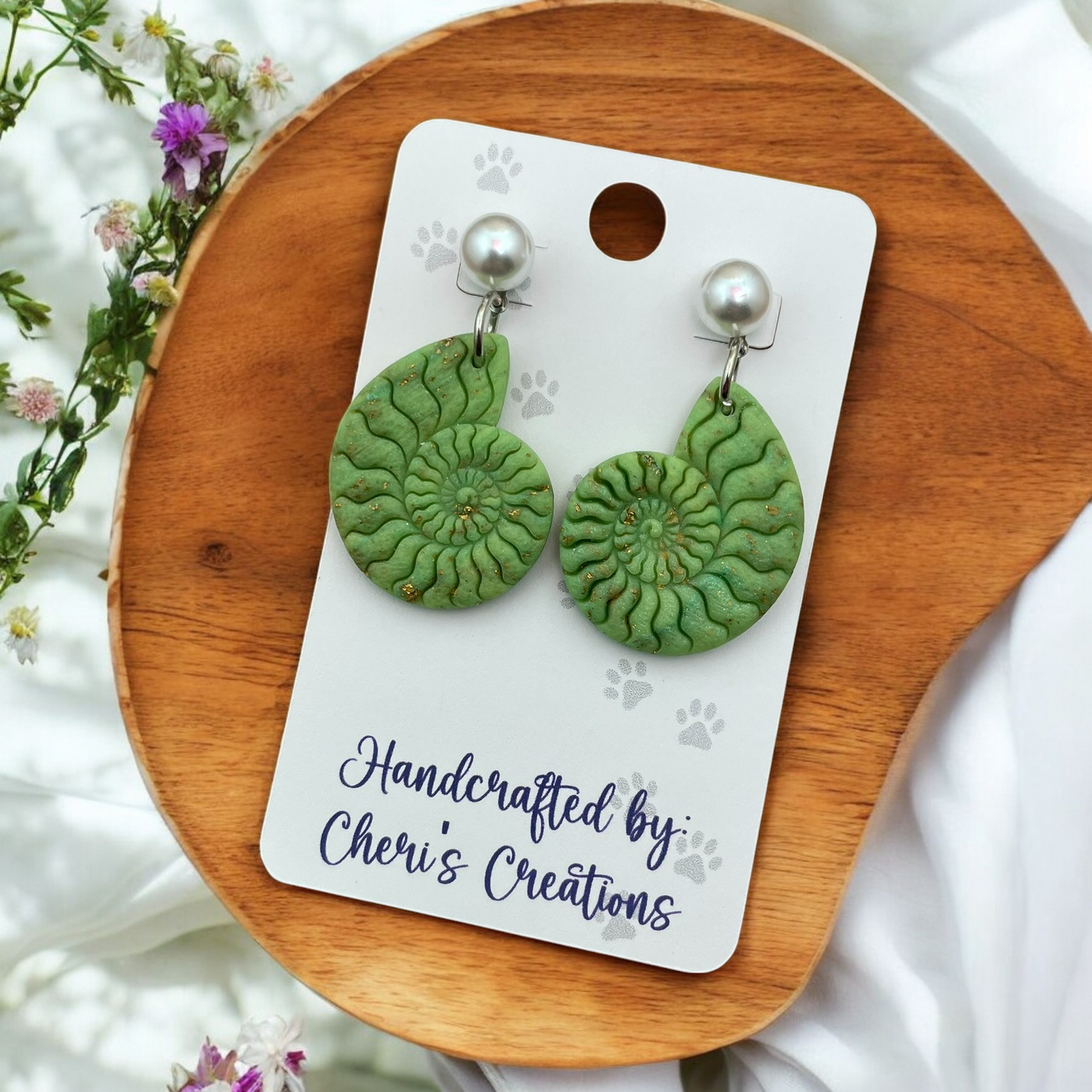 Green and Gold Marble Ammonite Shells Polymer Clay Earrings