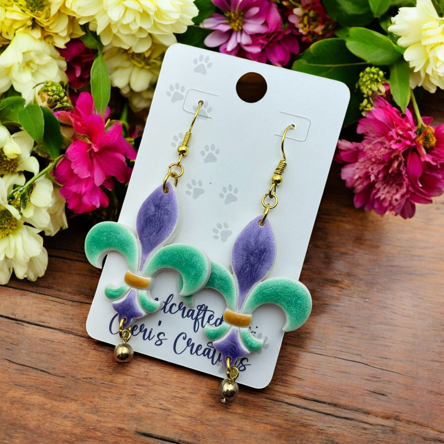 Mardi Gras Fleur de Lis Polymer Clay Dangle Earrings