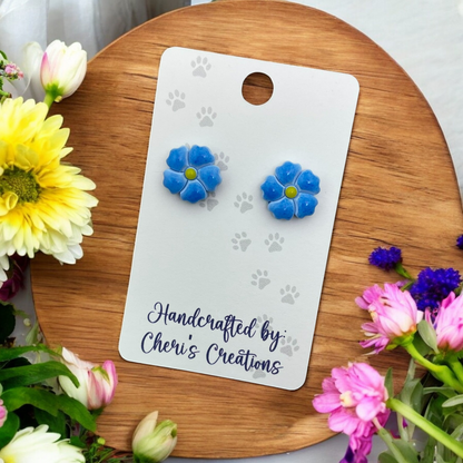 Blue 5 Petal Flower Polymer Clay Stud Earrings