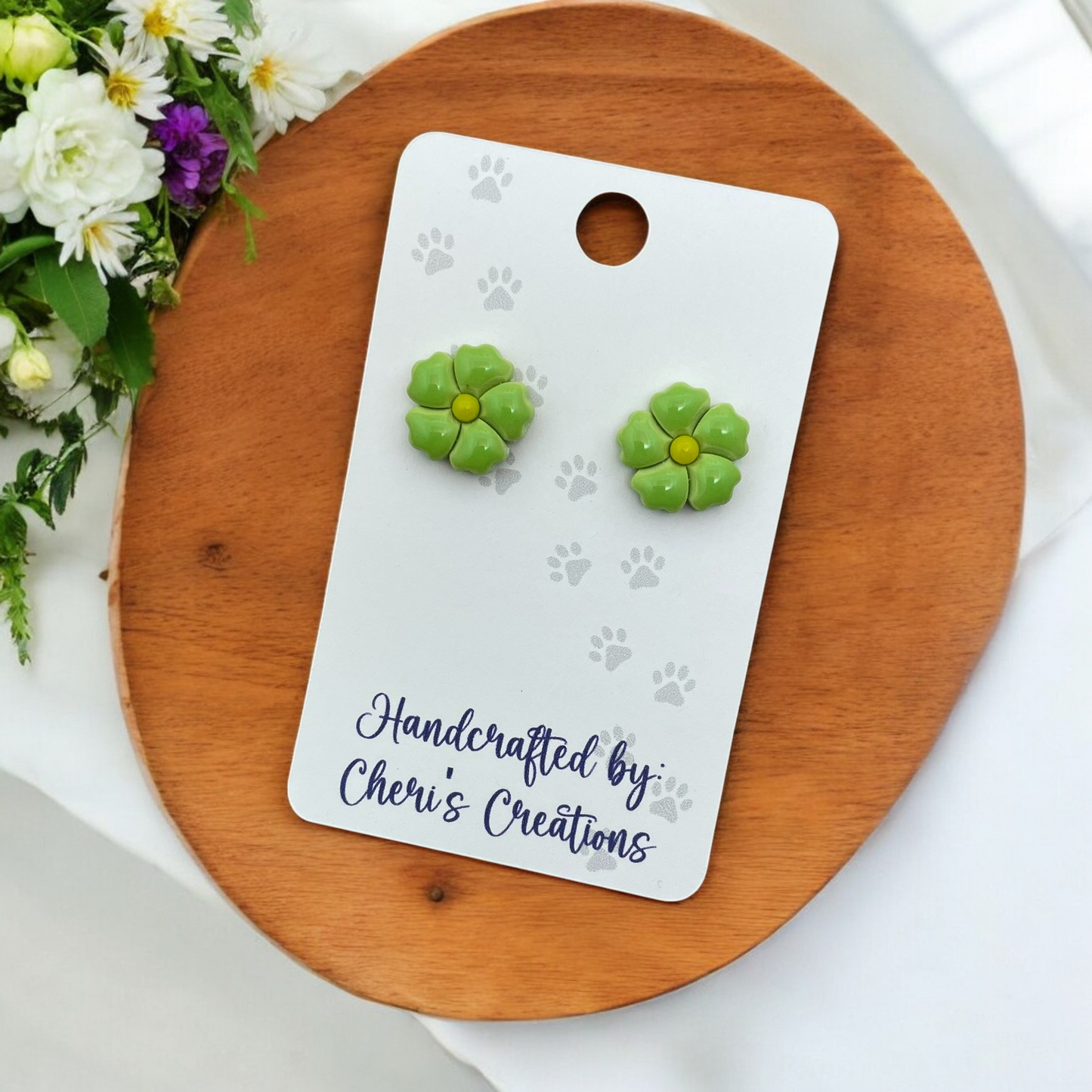 Lime Green 5 Petal Flower Polymer Clay Stud Earrings