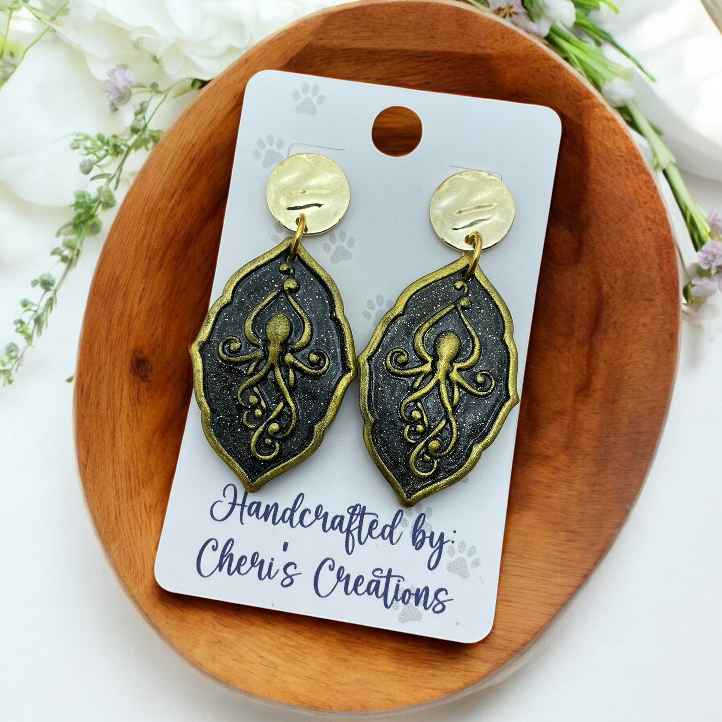 Midnight Kraken Gold Octopus Polymer Clay Dangle Earrings