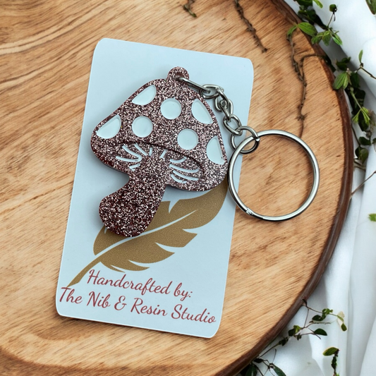 Mini Mushroom Keychain – Rose Gold Glitter Resin Mushroom Resin Keychain