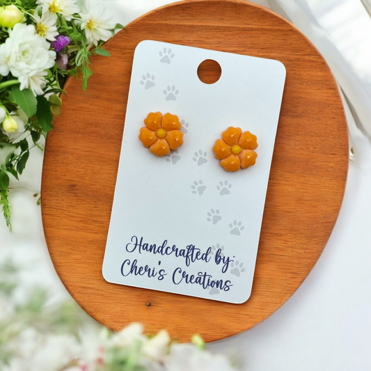 Orange 5 Petal Flower Polymer Clay Stud Earrings