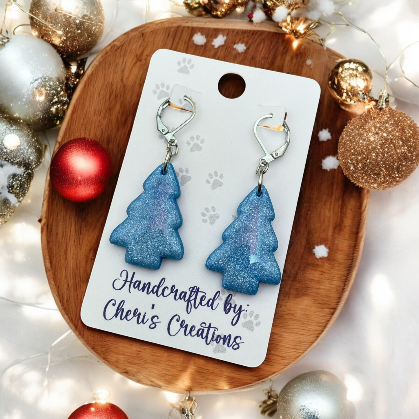 Blue Pearl Christmas Tree Polymer Clay Dangle Earrings