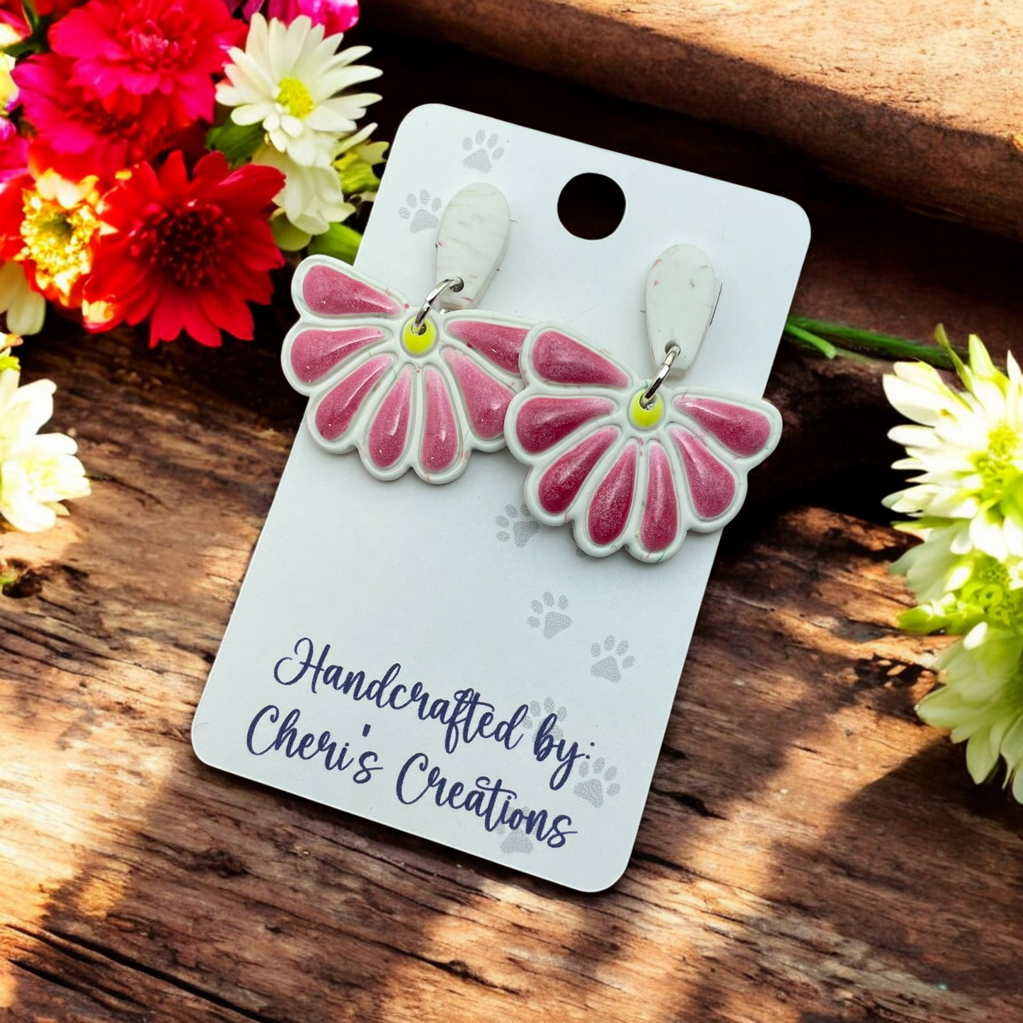 Elegant Pink Half Daisy Polymer Clay Dangle Earrings