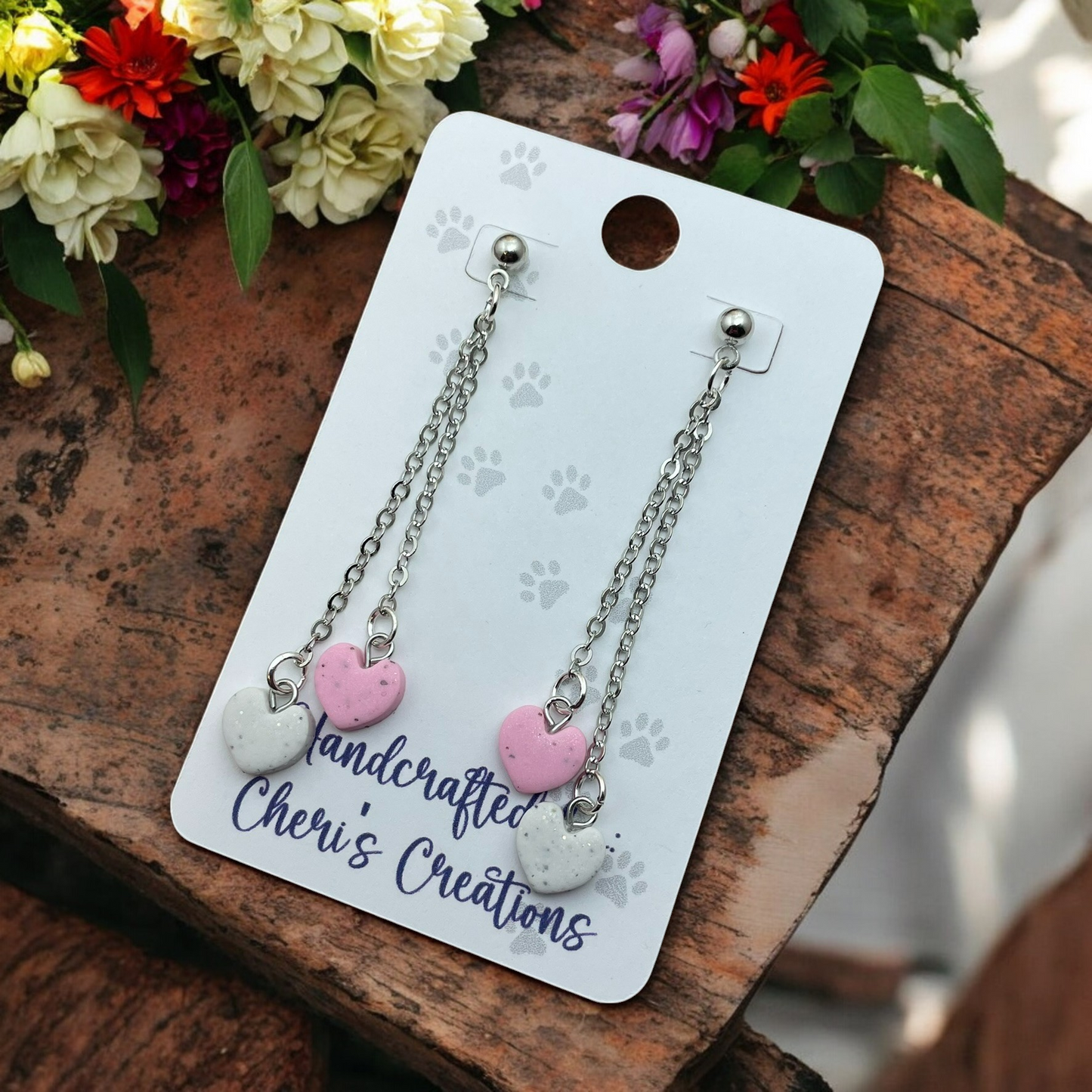 Pink and White Valentine Hearts Polymer Clay Dangle Earrings