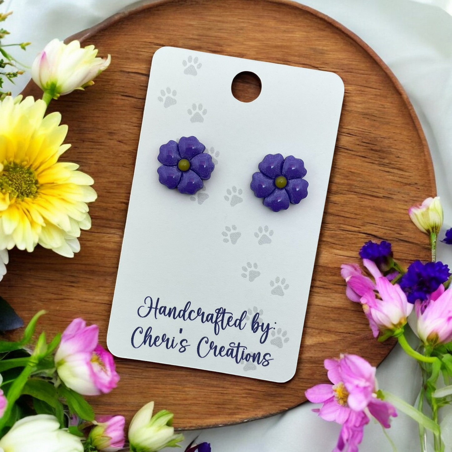 Purple 5 Petal Flower Polymer Clay Stud Earrings