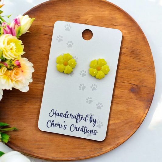 Yellow 5 Petal Flower Polymer Clay Stud Earrings