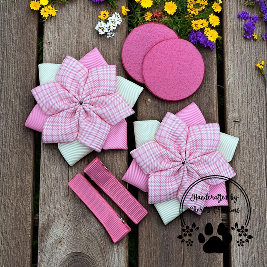 Pastel Pink Plaid DIY Flower Bow Kit – Soft & Stylish Handmade Hair Accessory Kit