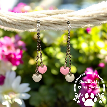 Pink and White Valentine Hearts Polymer Clay Dangle Earrings