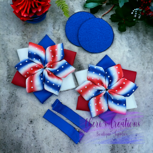 Patriotic Ombre Glitter DIY Flower Bow Kit – Red, White & Blue Grosgrain Ribbon Craft Set with White Glitter Sprinkles
