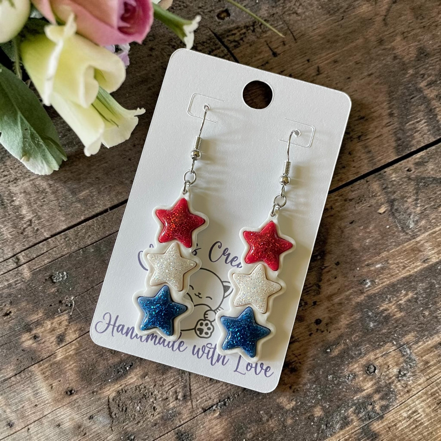 Red, White & Blue Inlay Star Dangles - Handmade Polymer Clay Earrings