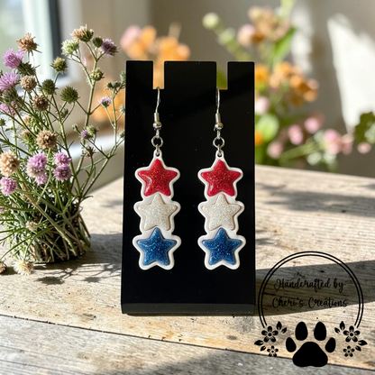 Red, White & Blue Inlay Star Dangles - Handmade Polymer Clay Earrings