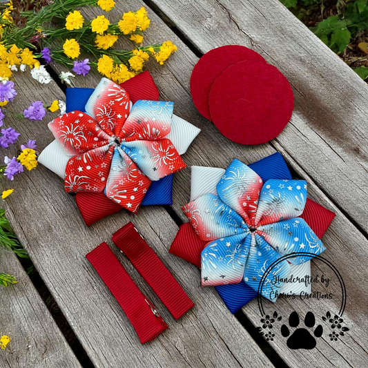 Patriotic Fireworks DIY Flower Bow Kit – Red, White & Blue Ombre with Silver Foil for Handmade Hair Accessories