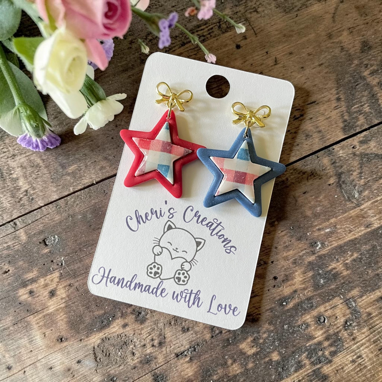 Patriotic Plaid Star Dangles - Handmade Polymer Clay Earrings